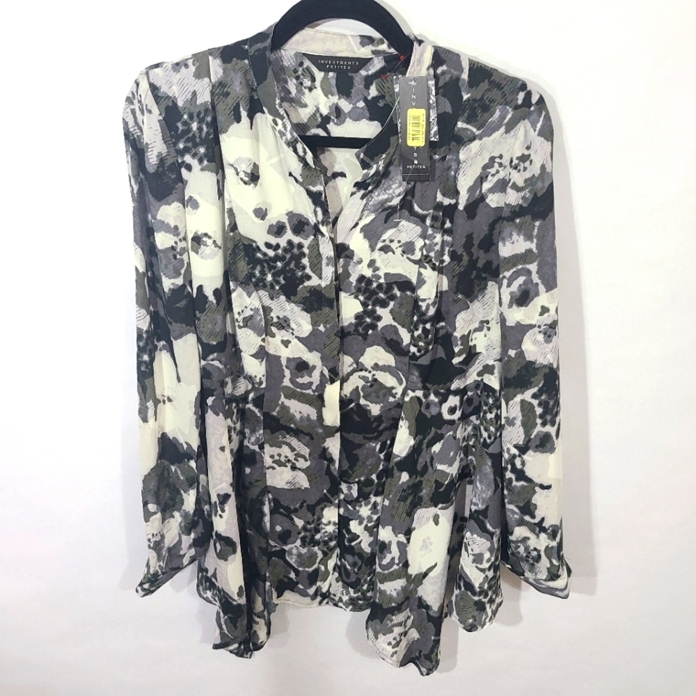 Investments Petites Women's Size PM Black and White Long Sleeve Blouse Top NWT‎